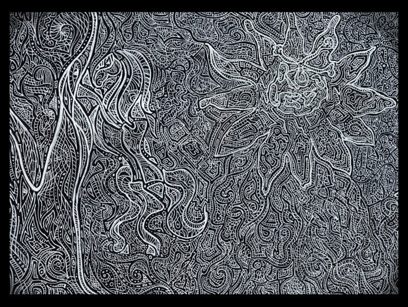 Часть рисунка. Белые ручки по черной бумаге, общий размер 50*70cm