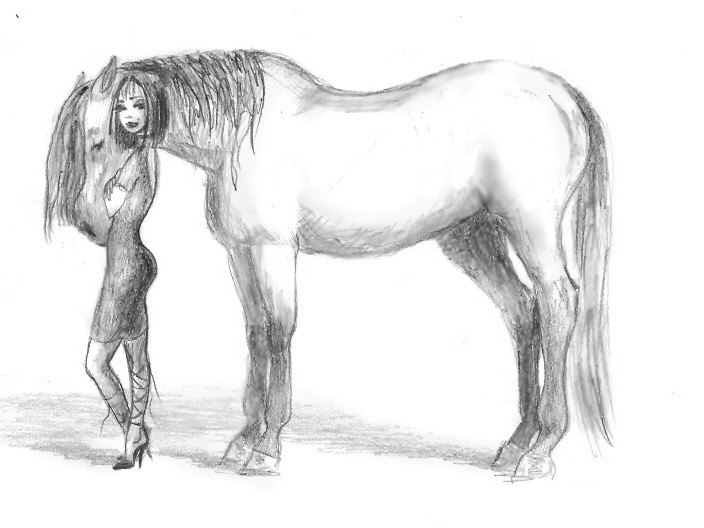 Смотрела фильм и там был интересный кадр: огромный конь и хозяйка рядом - маленькая, хрупкая девушка. Вот, сразу же зарисовала. ;)