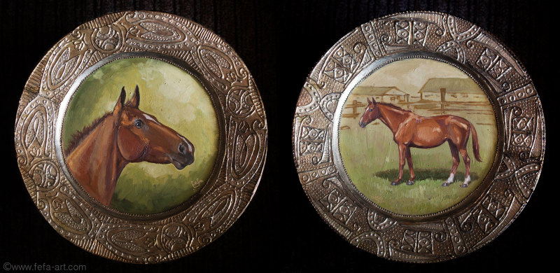 Портрет донской кобылы Гамми 24 (Геленджик - Мадам) фаянсовая тарелка диаметром 33см. Декор: акрил, поталь. Середина: масло. 